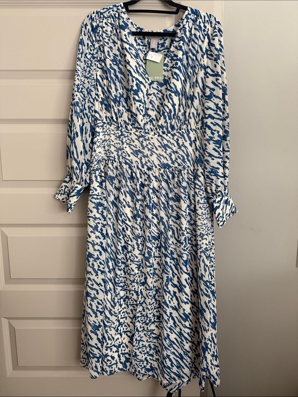 Blue and White Long Sleeve Printed Midi Dress